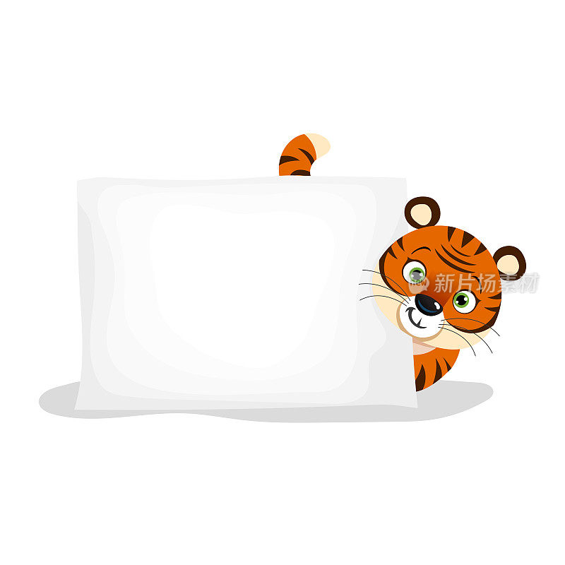 Cute little tiger with empty paper sheet. Chinese 2022 year symbol. Year of tiger. Cartoon mascot. Smiling adorable character. Vector illustration isolated on white background.